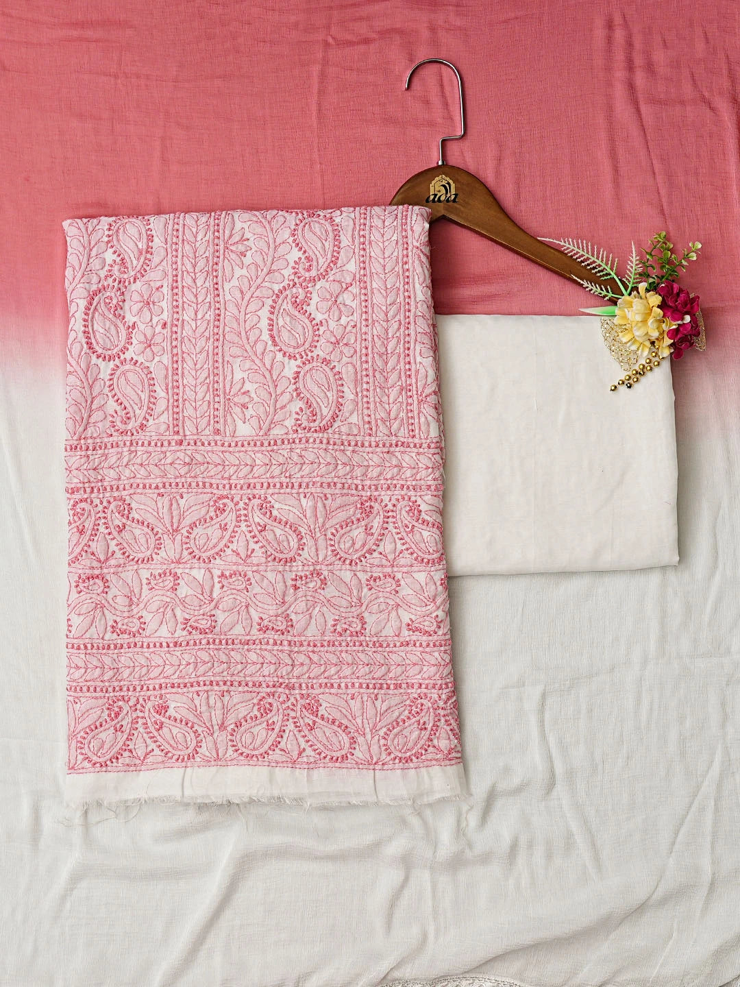 Ada Hand Embroidered White Cotton Lucknowi Chikankari Unstitched Suit Piece 01A239536