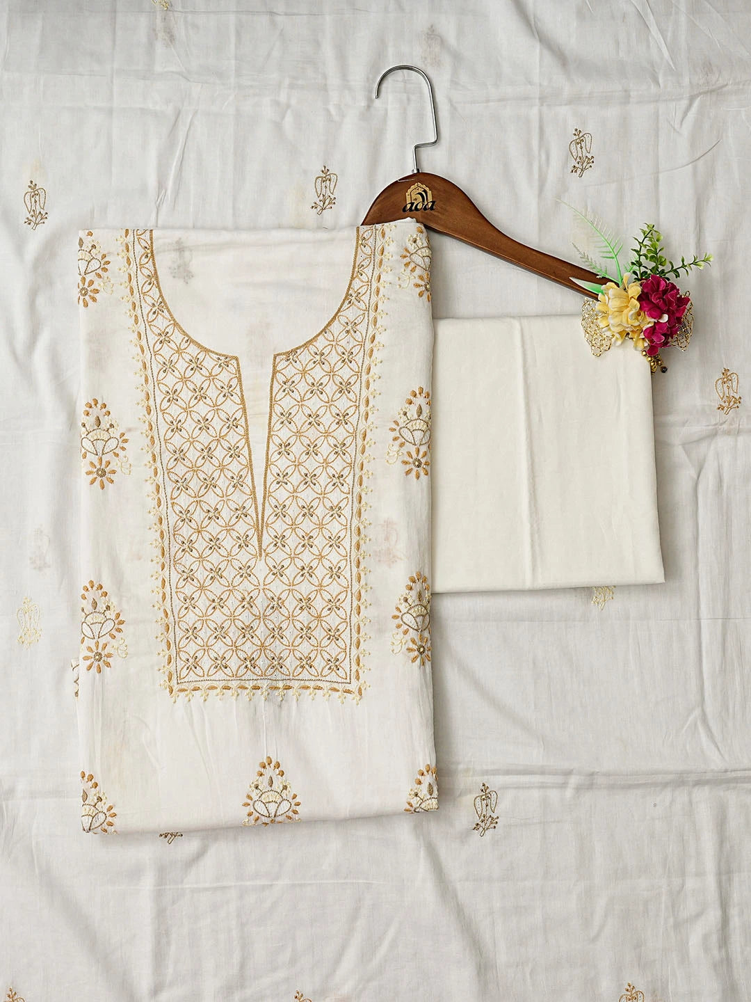 Ada Hand Embroidered White Cotton Lucknowi Chikankari Unstitched Suit Piece 01A37712