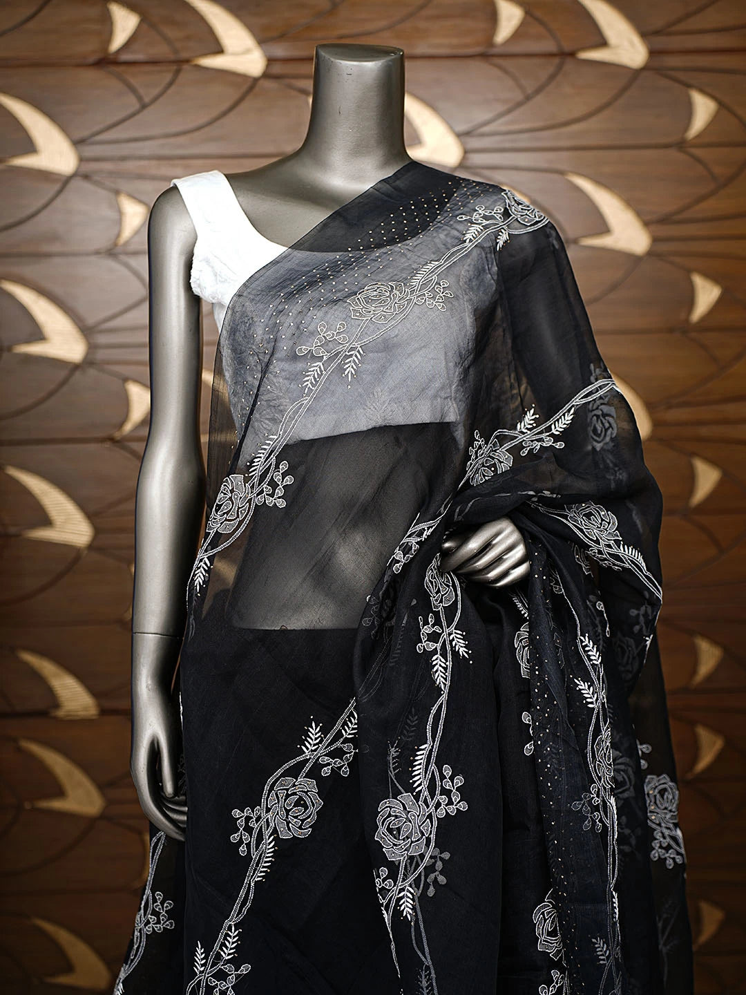 Ada Hand Embroidered Black Organza Lucknowi Chikankari Dupatta With Mukaish Work 01A559668