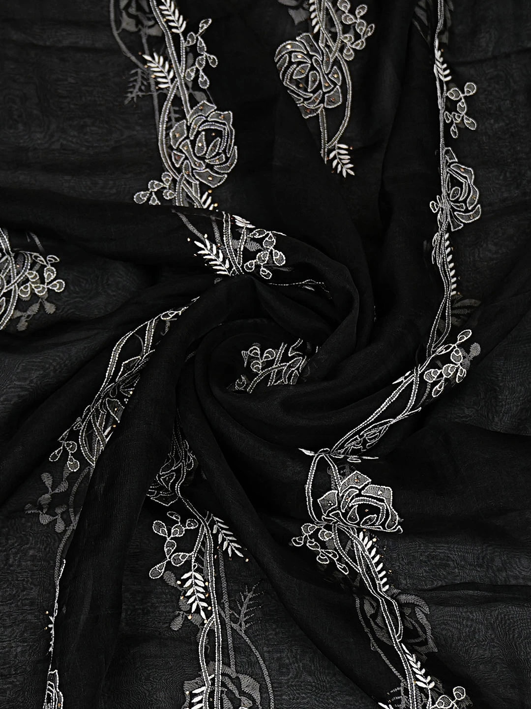 Ada Hand Embroidered Black Organza Lucknowi Chikankari Dupatta With Mukaish Work 01A559668