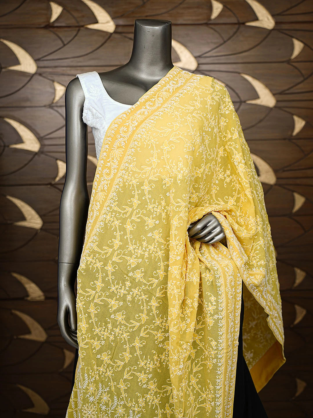 Ada Hand Embroidered Yellow Pure Georgette Lucknowi Chikankari Dupatta A301233
