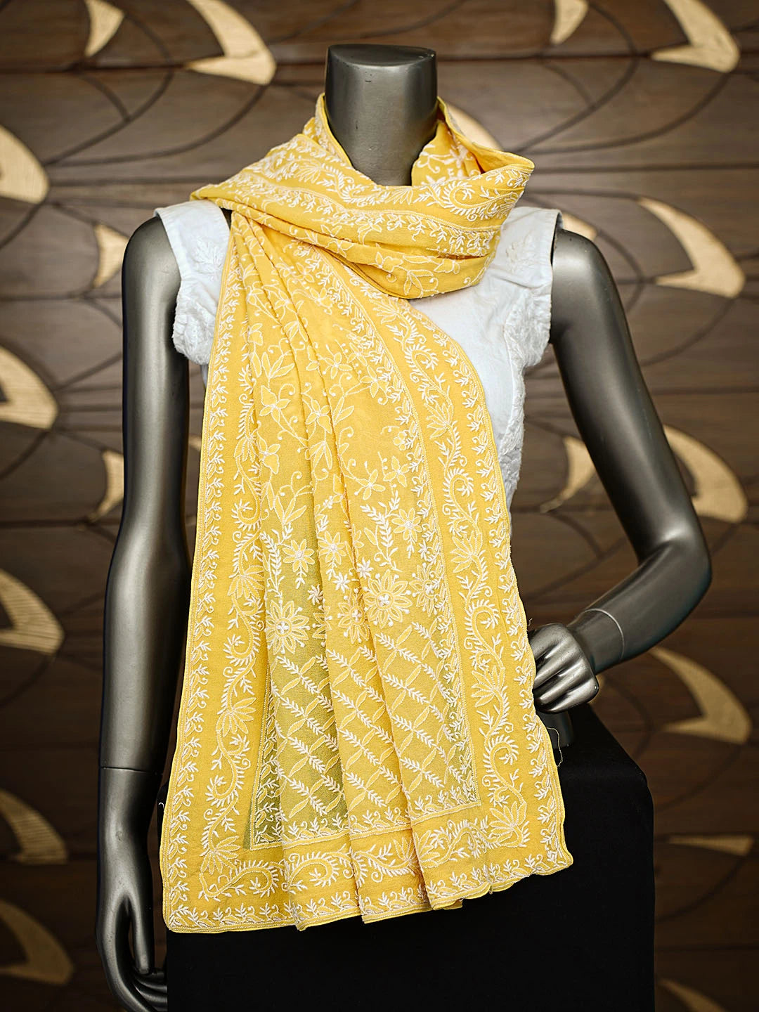 Ada Hand Embroidered Yellow Pure Georgette Lucknowi Chikankari Dupatta A301233