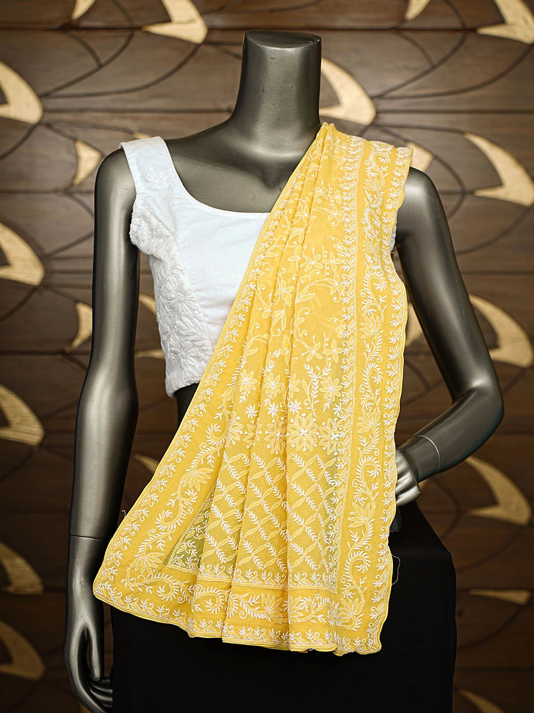 Ada Hand Embroidered Yellow Pure Georgette Lucknowi Chikankari Dupatta A301233