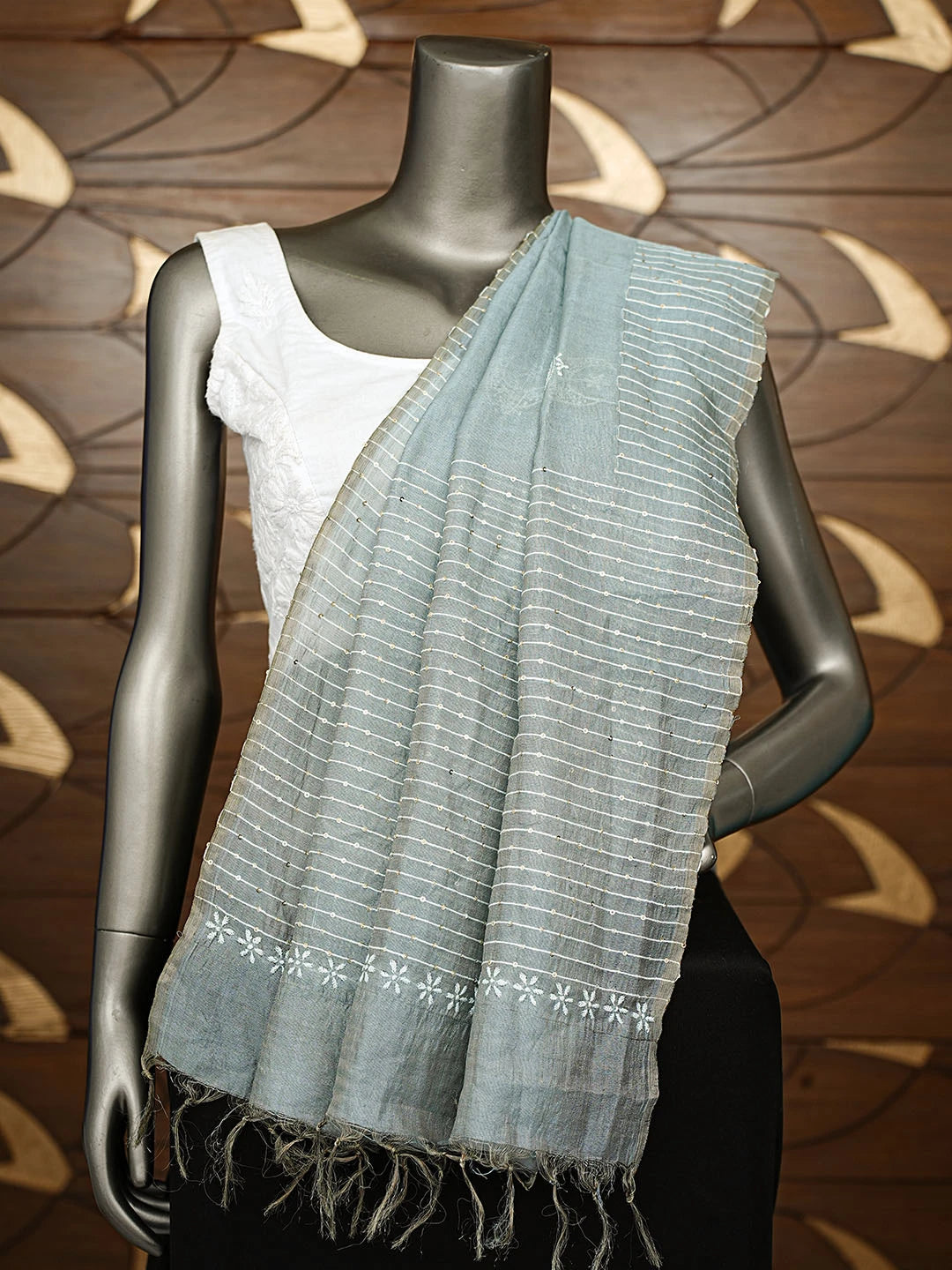 Ada Hand Embroidered Grey Tussar Silk Lucknowi Chikankari Dupatta With Sequinned Work 01A415391