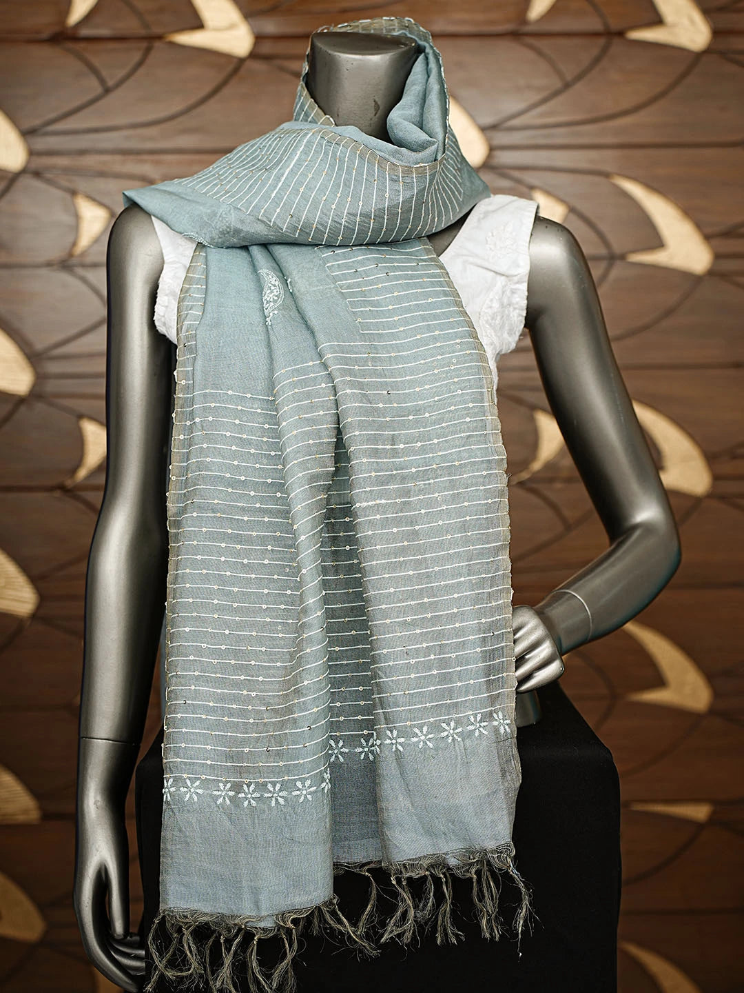 Ada Hand Embroidered Grey Tussar Silk Lucknowi Chikankari Dupatta With Sequinned Work 01A415391