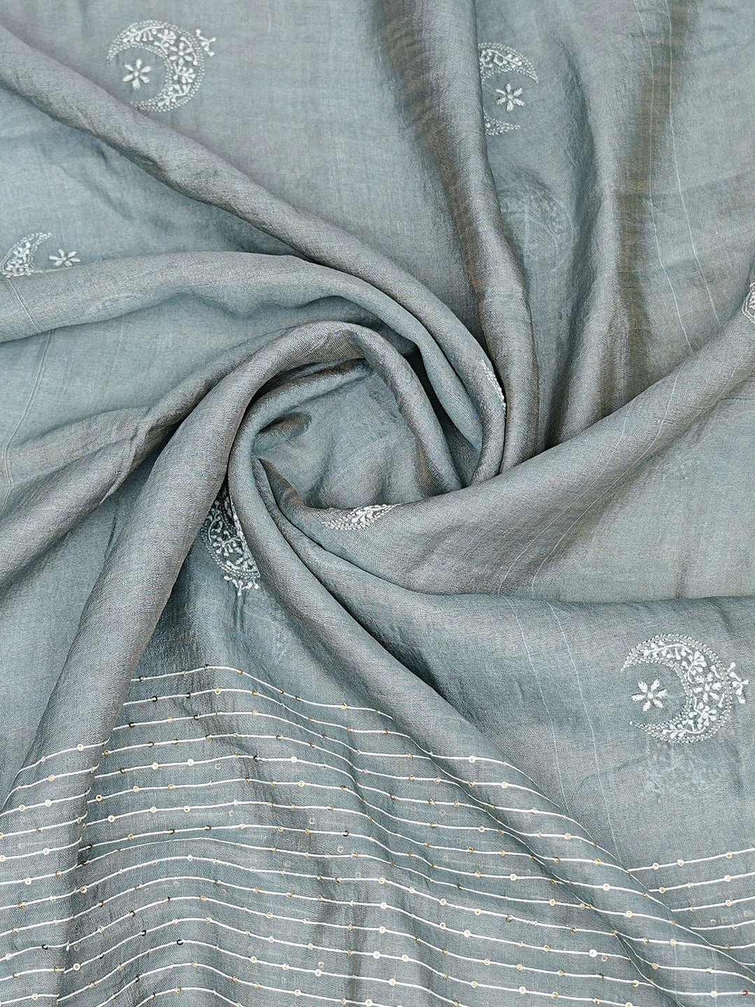 Ada Hand Embroidered Grey Tussar Silk Lucknowi Chikankari Dupatta With Sequinned Work 01A415391