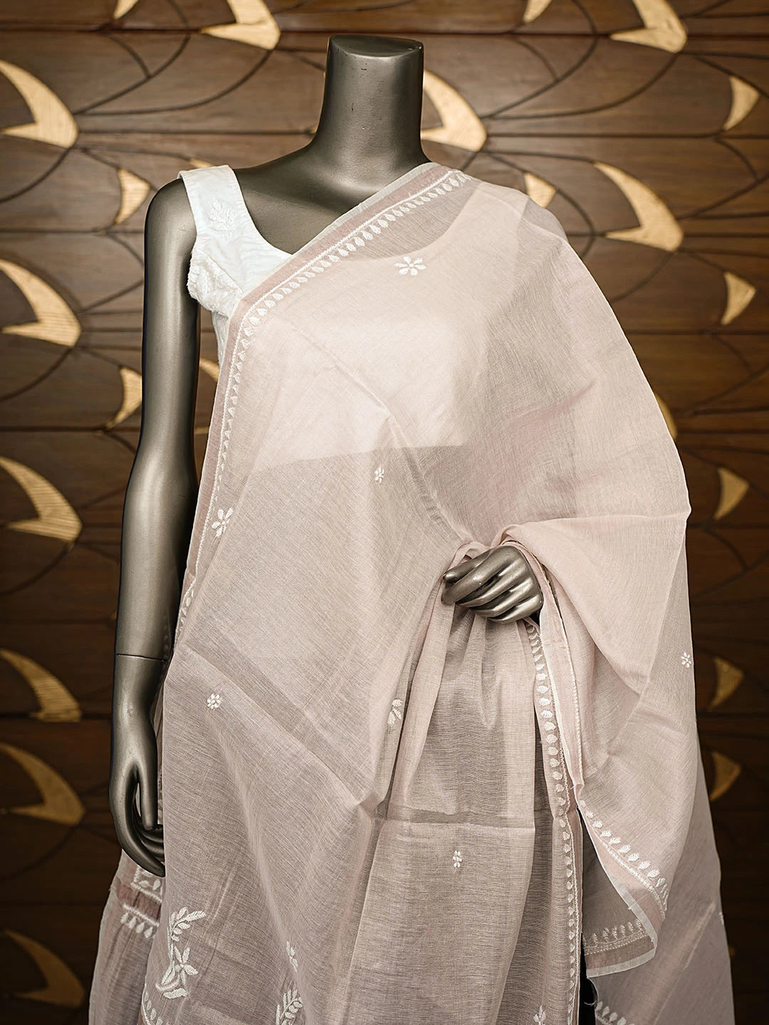 Ada Hand Embroidered Light Fawn Tissue Lucknowi Chikankari Dupatta 01A858106
