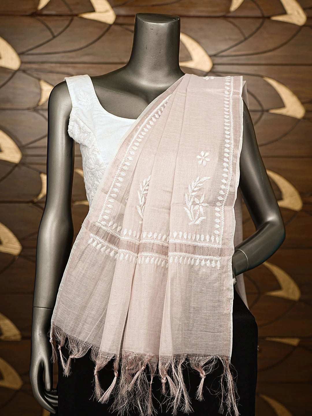 Ada Hand Embroidered Light Fawn Tissue Lucknowi Chikankari Dupatta 01A858106