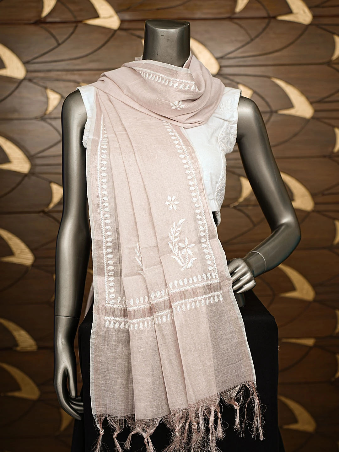 Ada Hand Embroidered Light Fawn Tissue Lucknowi Chikankari Dupatta 01A858106