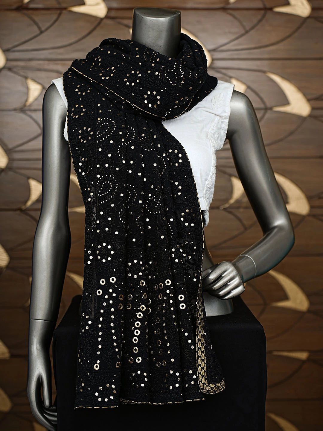 Ada Hand Embroidered Black Pure Georgette Lucknowi Chikankari Dupatta With Mukaish Work 01A61332