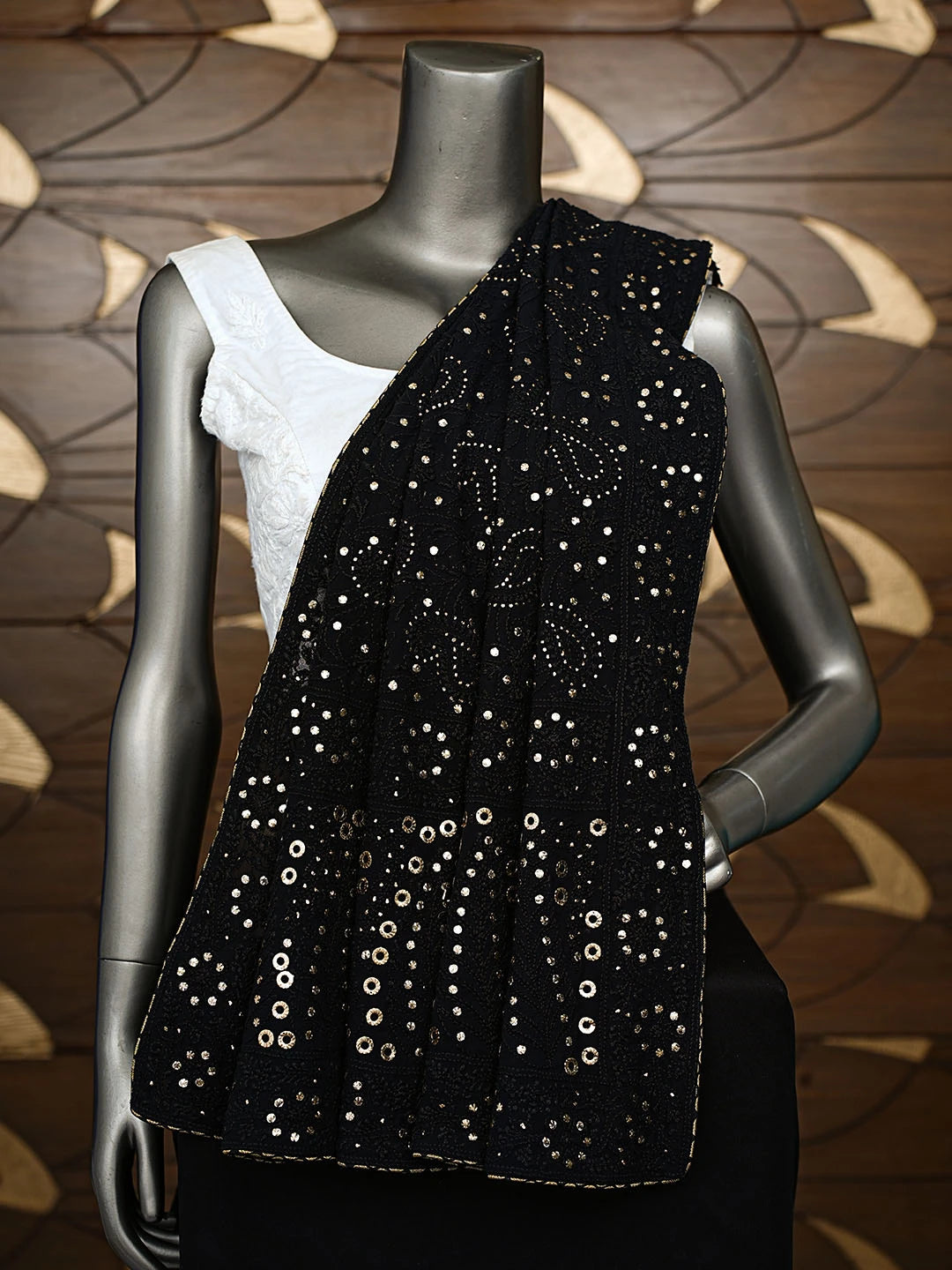Ada Hand Embroidered Black Pure Georgette Lucknowi Chikankari Dupatta With Mukaish Work 01A61332