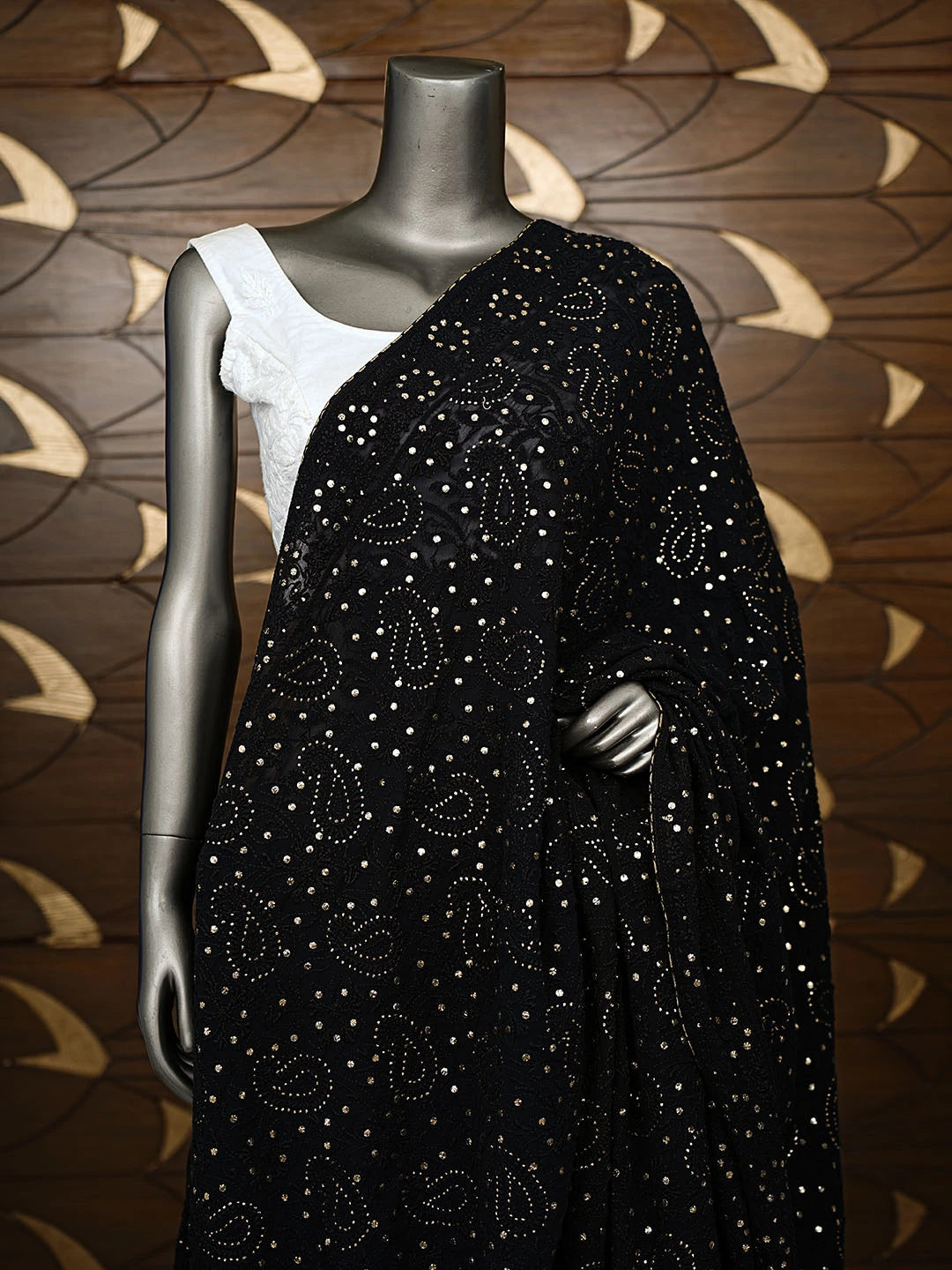 Ada Hand Embroidered Black Pure Georgette Lucknowi Chikankari Dupatta With Mukaish Work 01A61332
