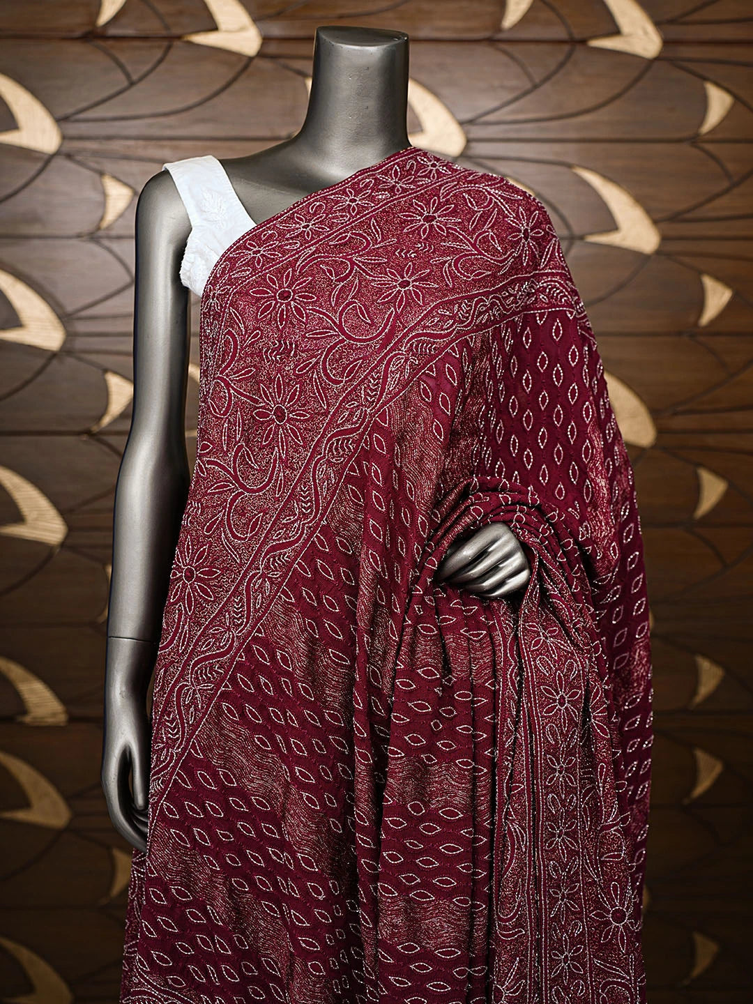 Ada Hand Embroidered Maroon Viscose Georgette Lucknowi Chikankari Dupatta With Cutdana Work 01A191006