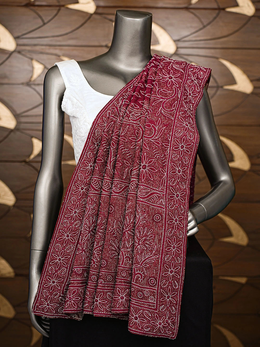 Ada Hand Embroidered Maroon Viscose Georgette Lucknowi Chikankari Dupatta With Cutdana Work 01A191006