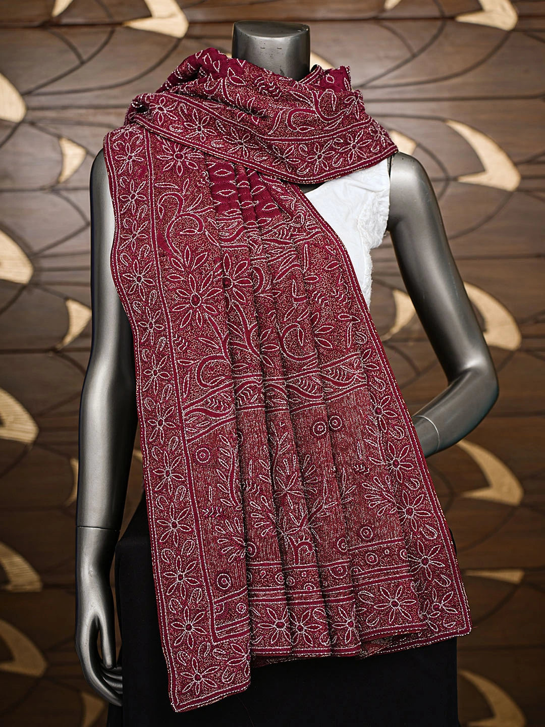 Ada Hand Embroidered Maroon Viscose Georgette Lucknowi Chikankari Dupatta With Cutdana Work 01A191006