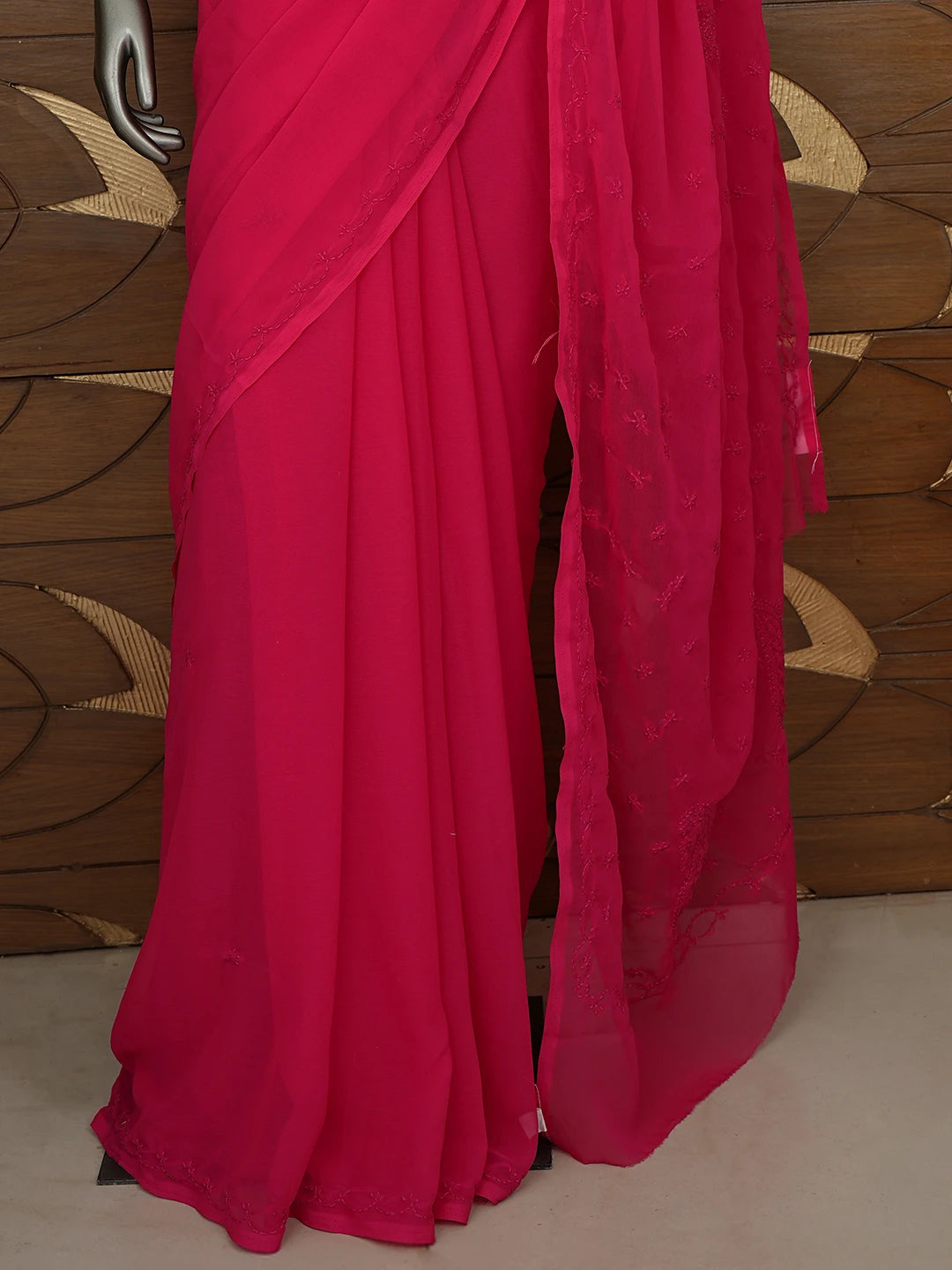 Ada Hand Embroidered Red Georgette Lucknowi Chikankari Saree With Blouse 01A853724