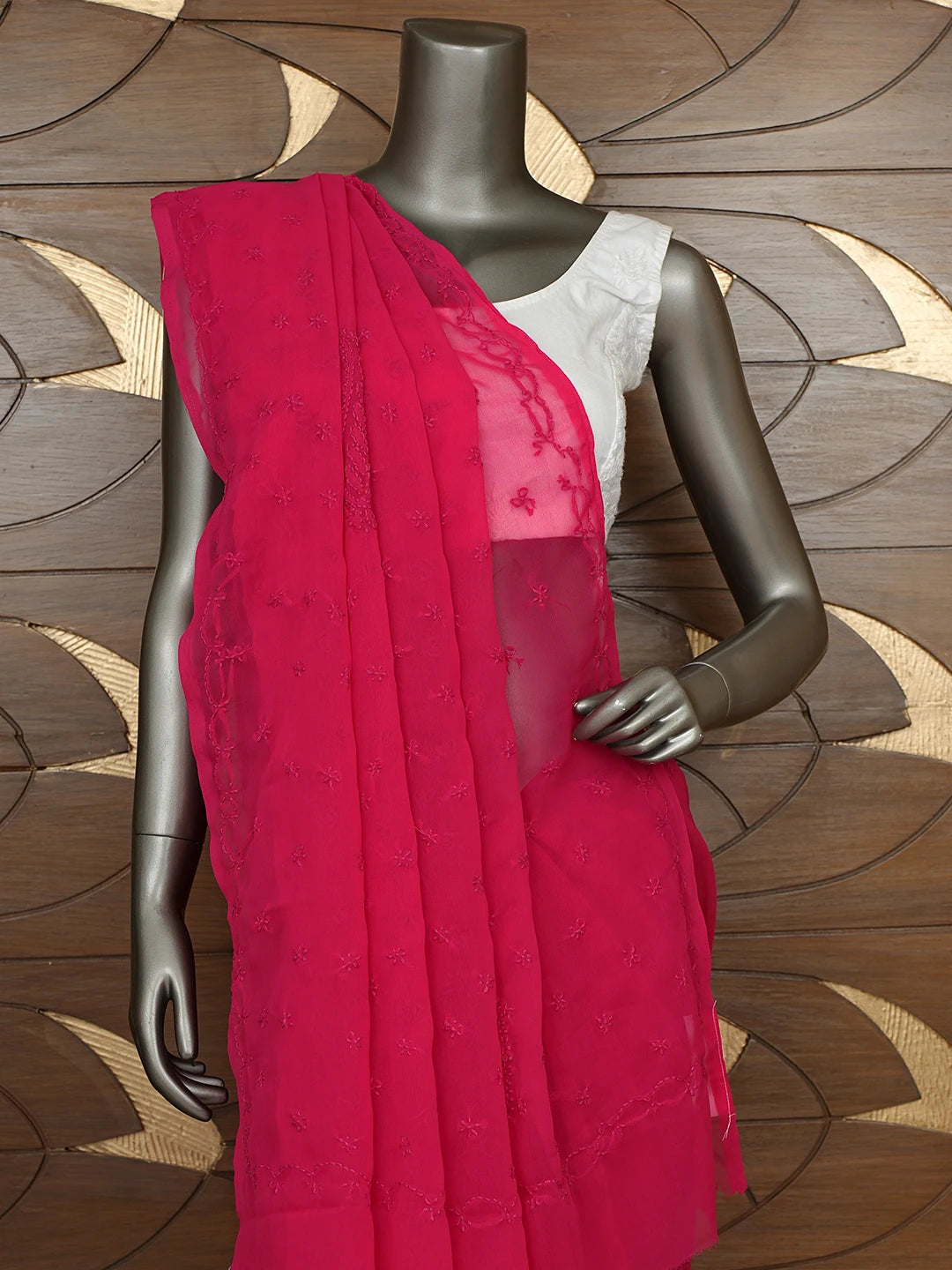 Ada Hand Embroidered Red Georgette Lucknowi Chikankari Saree With Blouse 01A853724