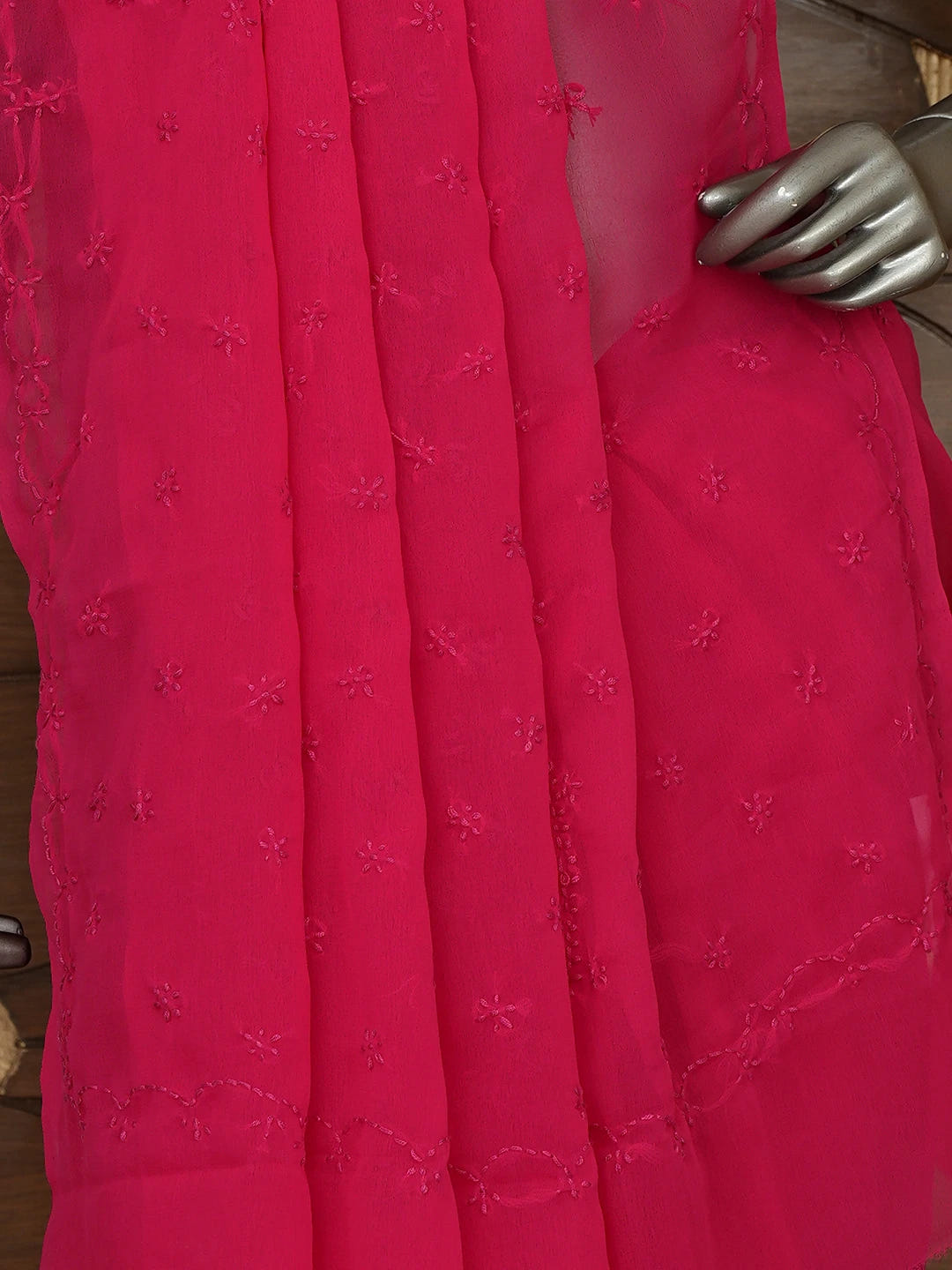 Ada Hand Embroidered Red Georgette Lucknowi Chikankari Saree With Blouse 01A853724