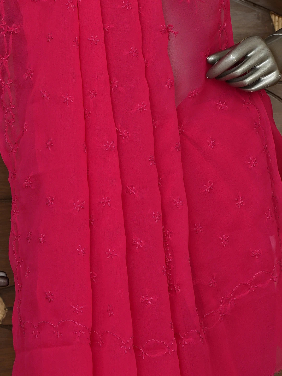 Ada Hand Embroidered Red Georgette Lucknowi Chikankari Saree With Blouse 01A853724