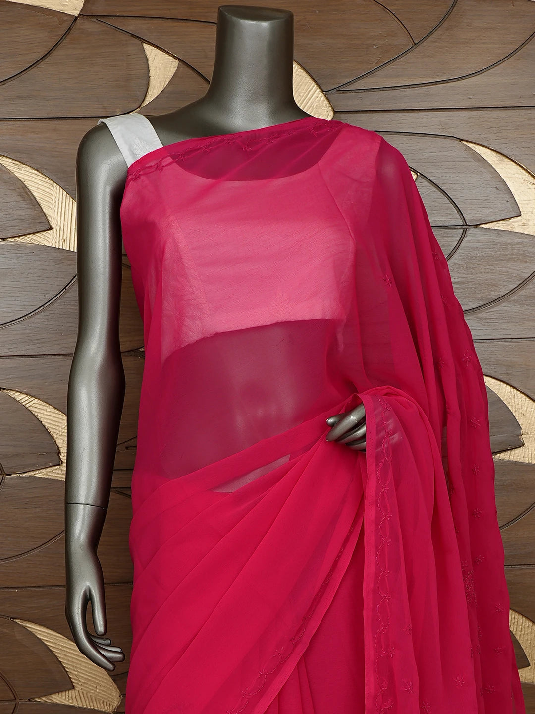Ada Hand Embroidered Red Georgette Lucknowi Chikankari Saree With Blouse 01A853724