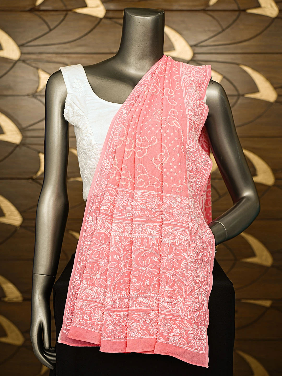 Ada Hand Embroidered Pink Pure Georgette Lucknowi Chikankari Dupatta 01A592077