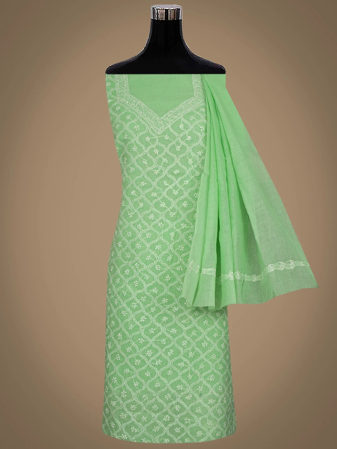 Ada Hand Embroidered Fern Green Cotton Lucknowi Chikankari Unstitched Suit Piece 01A853566