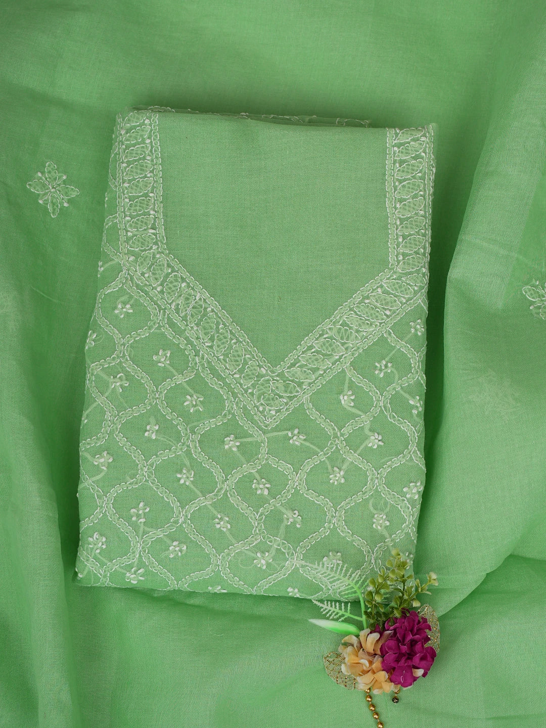 Ada Hand Embroidered Fern Green Cotton Lucknowi Chikankari Unstitched Suit Piece 01A853566
