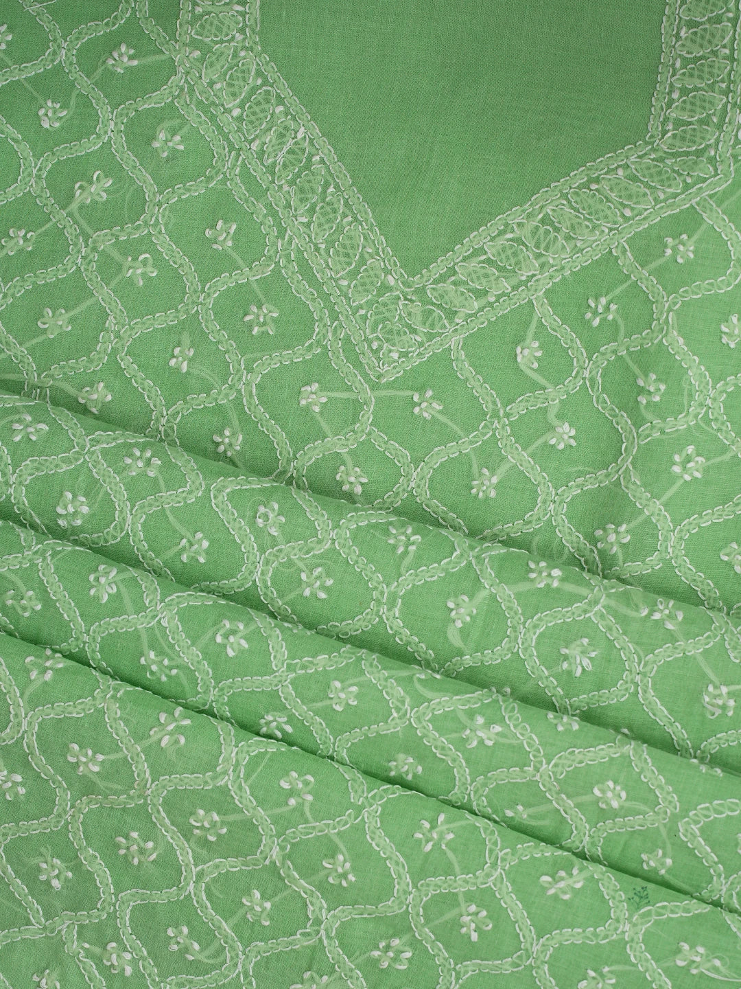 Ada Hand Embroidered Fern Green Cotton Lucknowi Chikankari Unstitched Suit Piece 01A853566