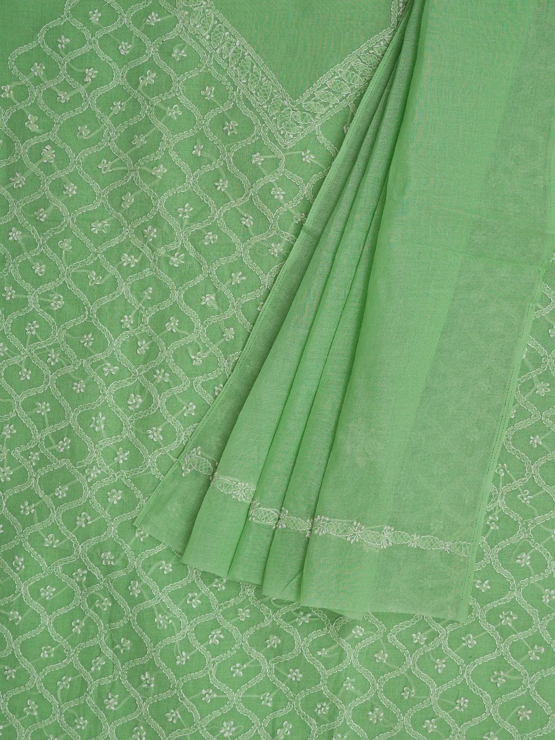Ada Hand Embroidered Fern Green Cotton Lucknowi Chikankari Unstitched Suit Piece 01A853566