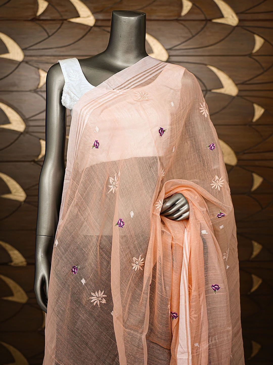 Ada Hand Embroidered Floral Printed Peach Cotton Lucknowi Chikankari Dupatta 08A503382