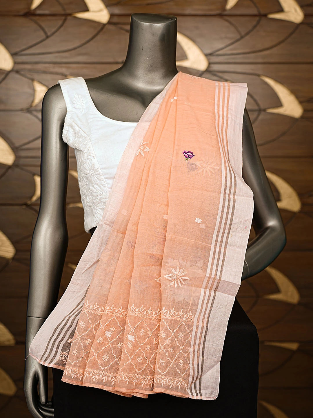 Ada Hand Embroidered Floral Printed Peach Cotton Lucknowi Chikankari Dupatta 08A503382