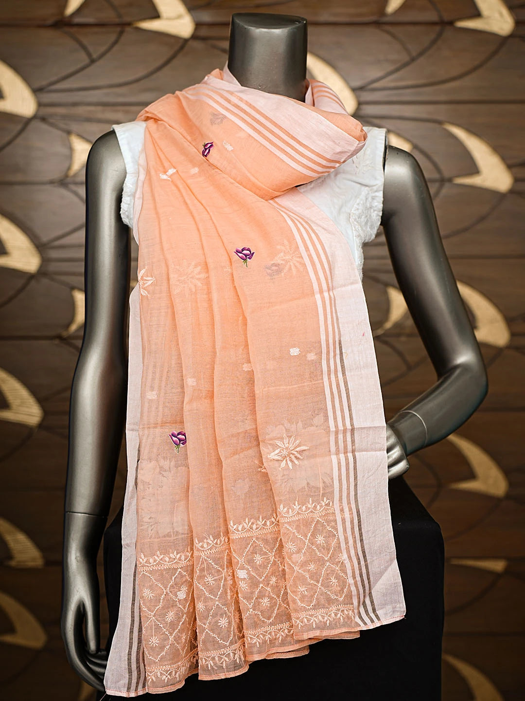 Ada Hand Embroidered Floral Printed Peach Cotton Lucknowi Chikankari Dupatta 08A503382