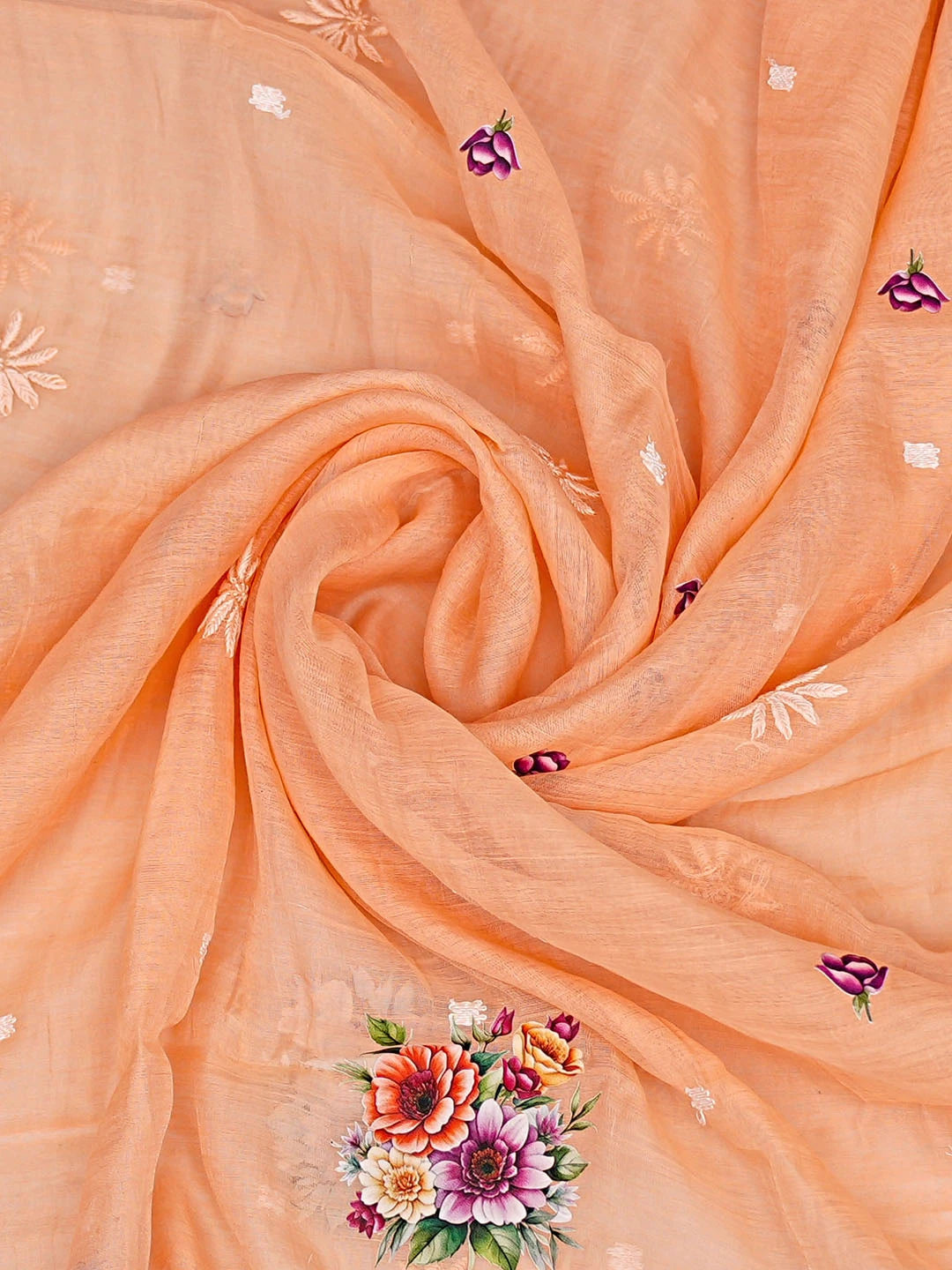 Ada Hand Embroidered Floral Printed Peach Cotton Lucknowi Chikankari Dupatta 08A503382