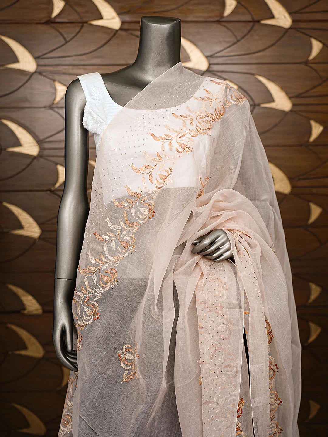 Ada Hand Embroidered Dusty Peach Organza Lucknowi Chikankari Dupatta With Muqaish Work 01A559665