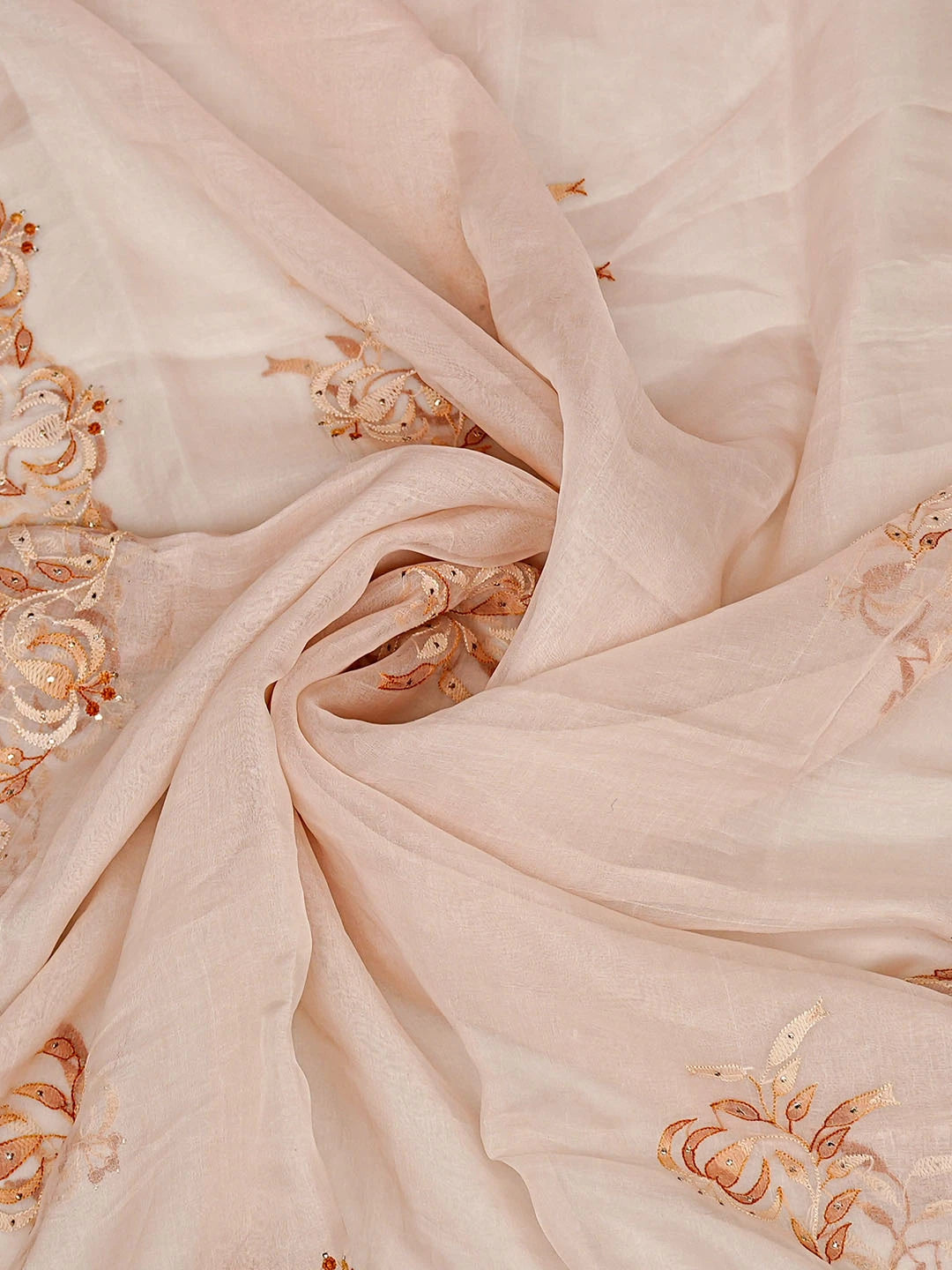 Ada Hand Embroidered Dusty Peach Organza Lucknowi Chikankari Dupatta With Muqaish Work 01A559665