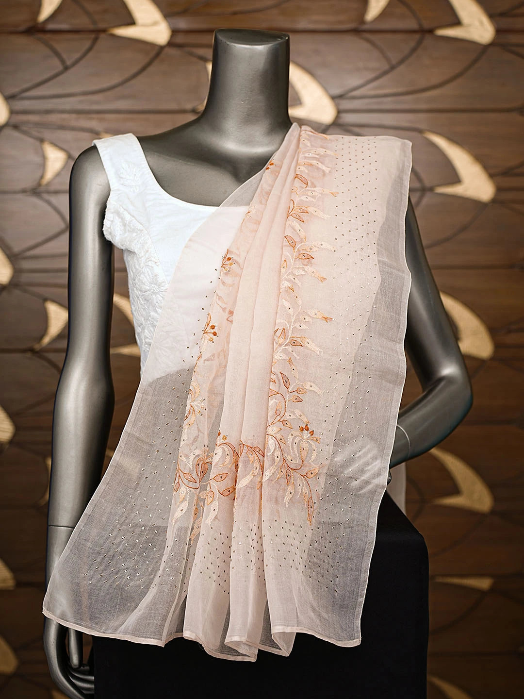 Ada Hand Embroidered Dusty Peach Organza Lucknowi Chikankari Dupatta With Muqaish Work 01A559665