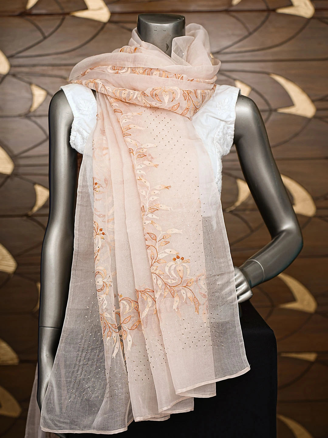 Ada Hand Embroidered Dusty Peach Organza Lucknowi Chikankari Dupatta With Muqaish Work 01A559665
