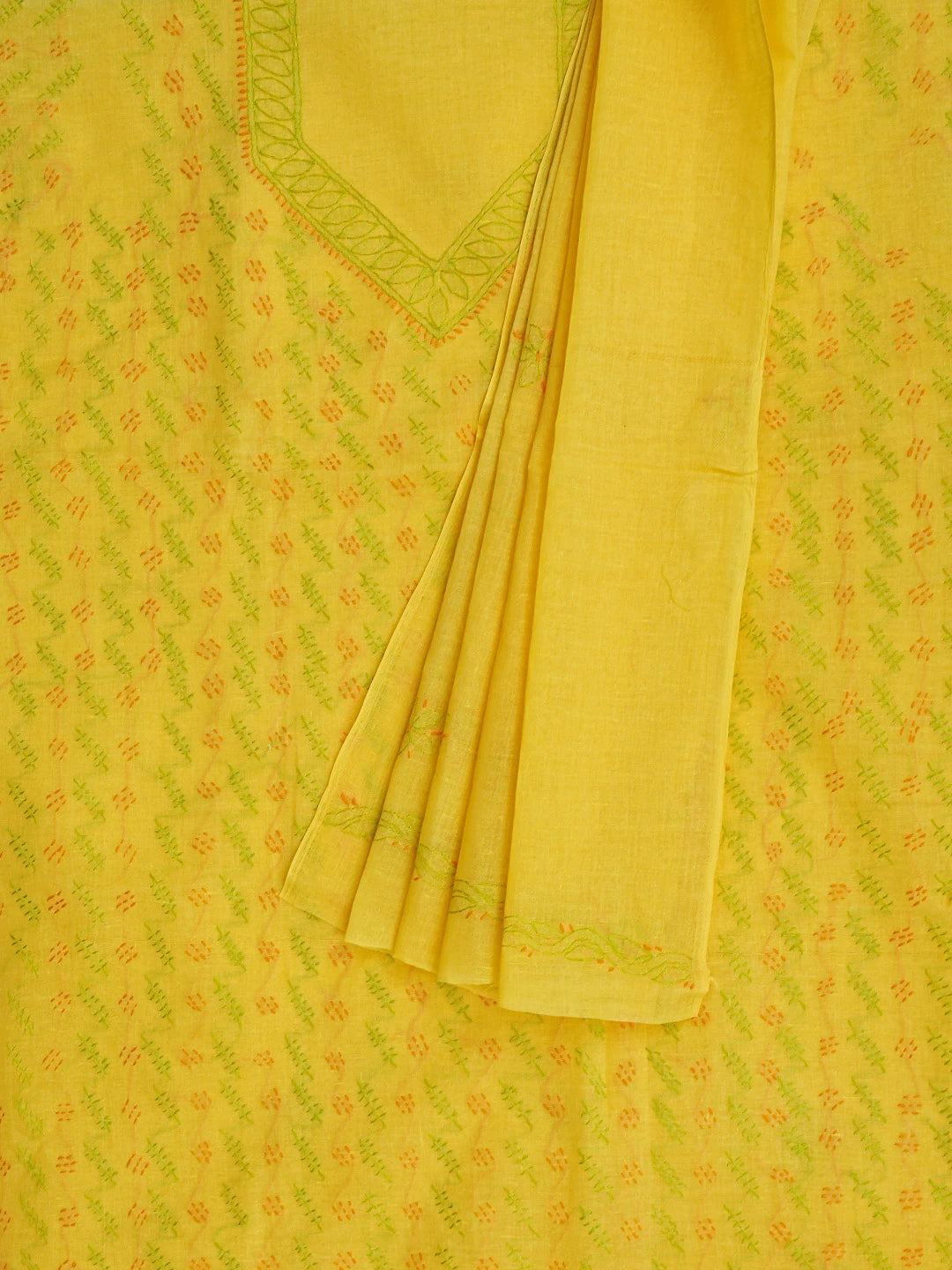 Ada Hand Embroidered Bright Yellow Cotton Lucknowi Chikankari Unstitched Suit Piece 01A853424
