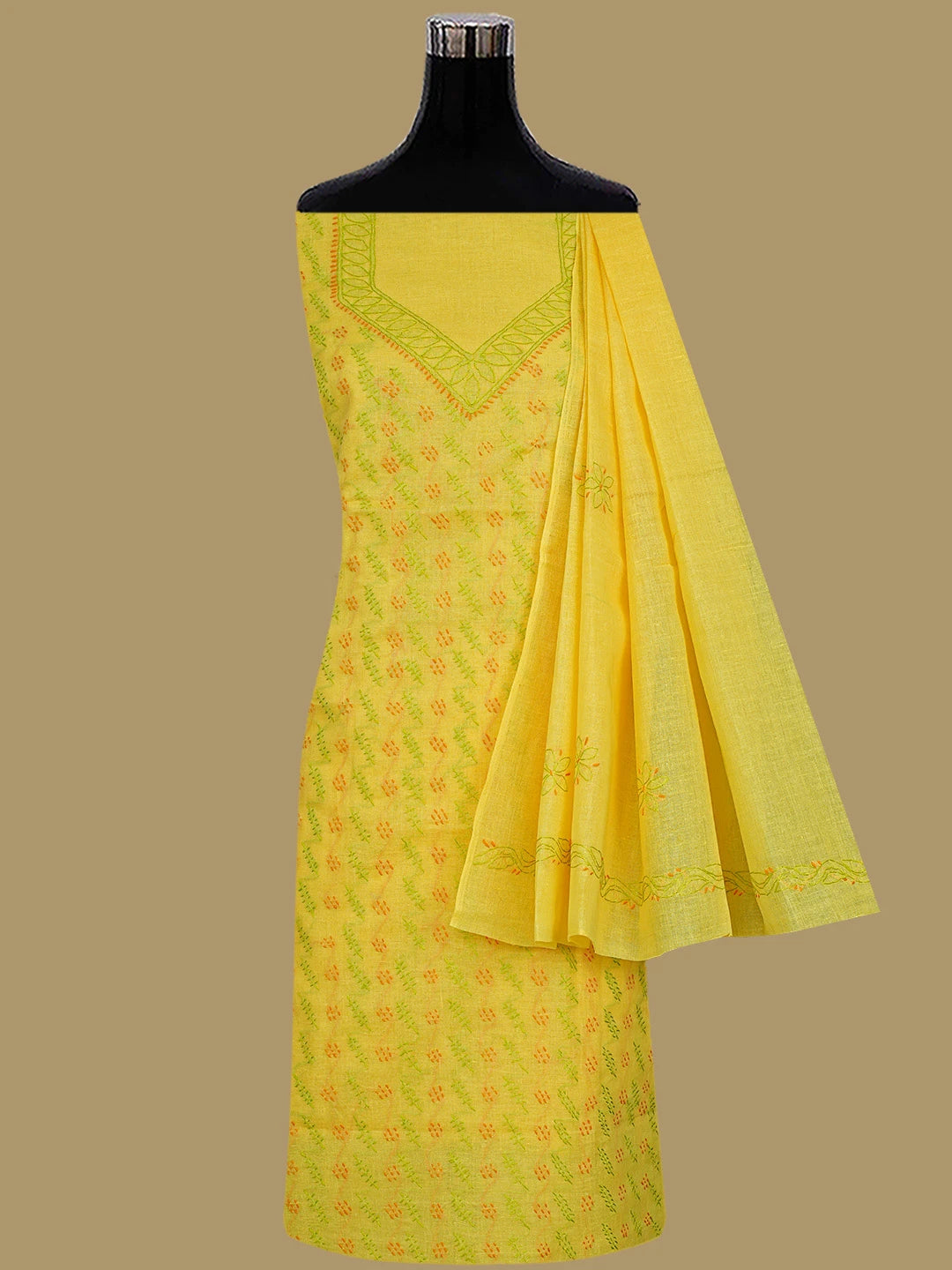 Ada Hand Embroidered Bright Yellow Cotton Lucknowi Chikankari Unstitched Suit Piece 01A853424