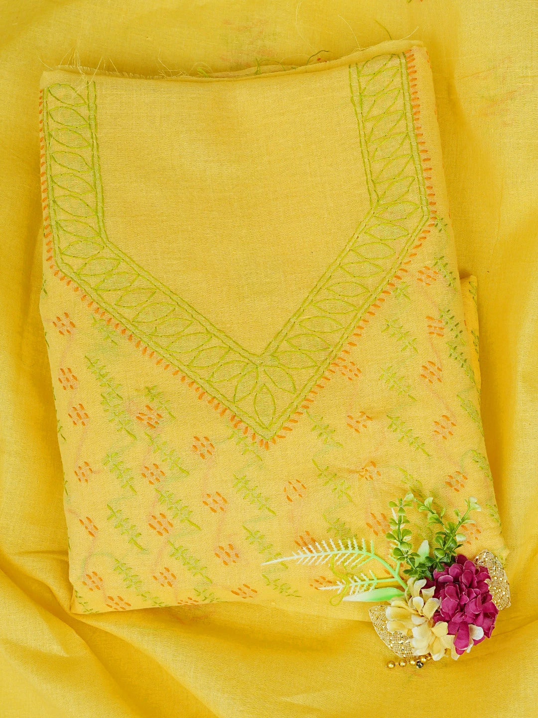 Ada Hand Embroidered Bright Yellow Cotton Lucknowi Chikankari Unstitched Suit Piece 01A853424