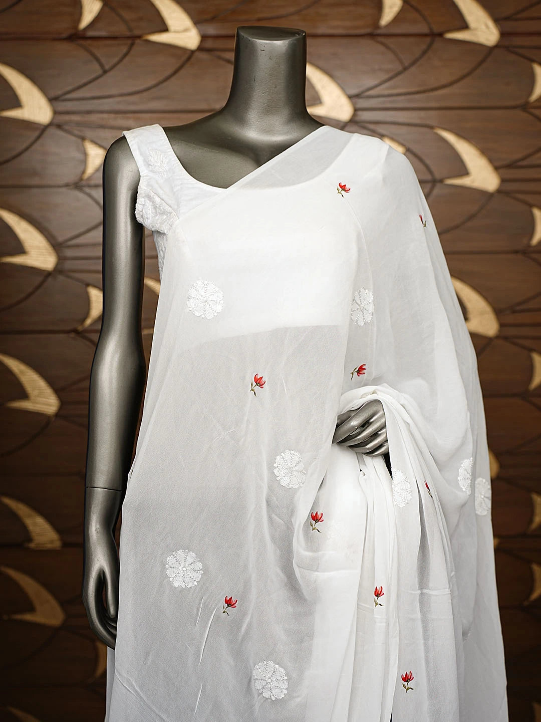 Ada Hand Embroidered Floral Printed White Viscose Georgette Lucknowi Chikankari Dupatta 01A834630