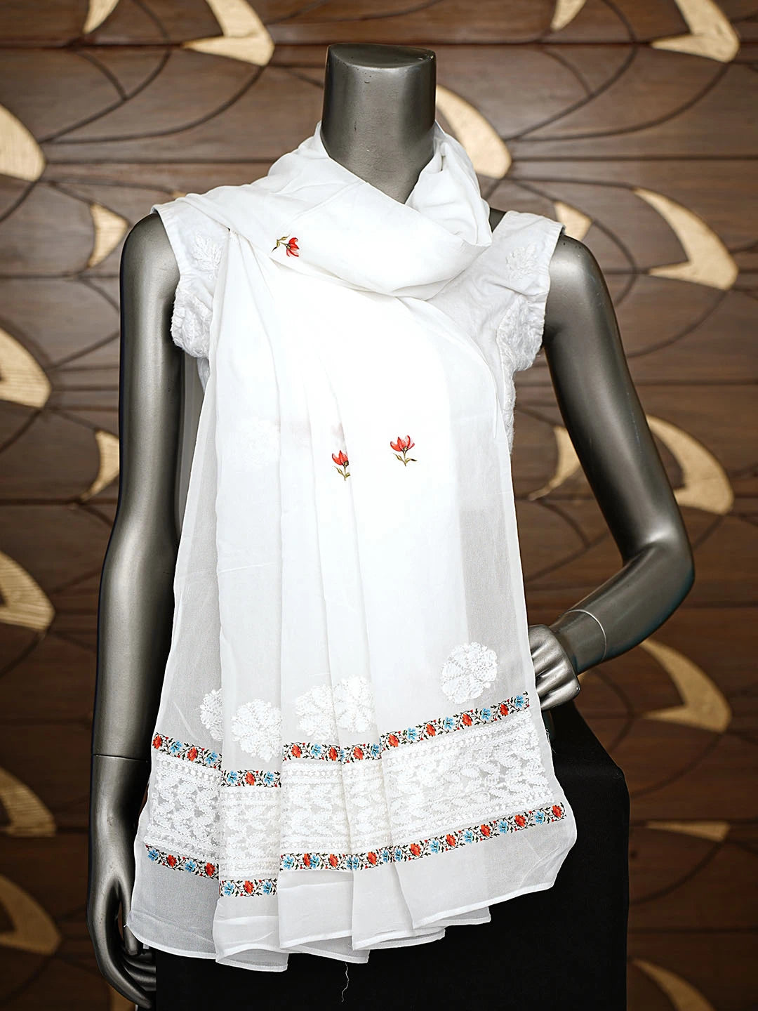 Ada Hand Embroidered Floral Printed White Viscose Georgette Lucknowi Chikankari Dupatta 01A834630