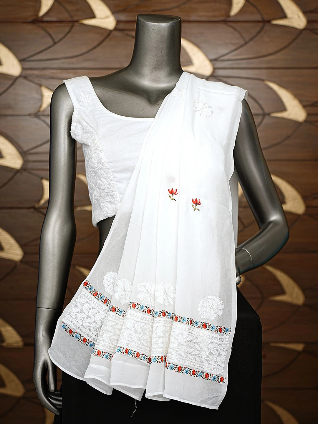 Ada Hand Embroidered Floral Printed White Viscose Georgette Lucknowi Chikankari Dupatta 01A834630