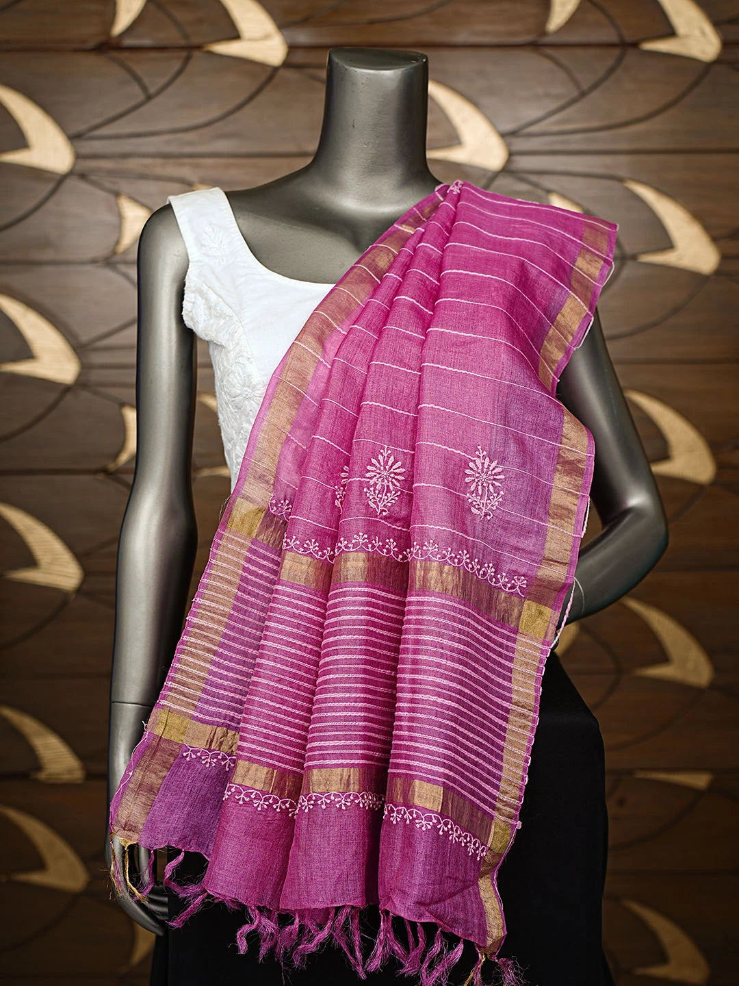 Ada Hand Embroidered Magenta Tussar Silk Lucknowi Chikankari Dupatta 01A844154