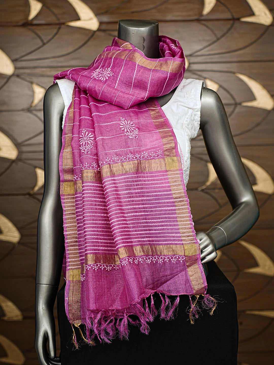 Ada Hand Embroidered Magenta Tussar Silk Lucknowi Chikankari Dupatta 01A844154
