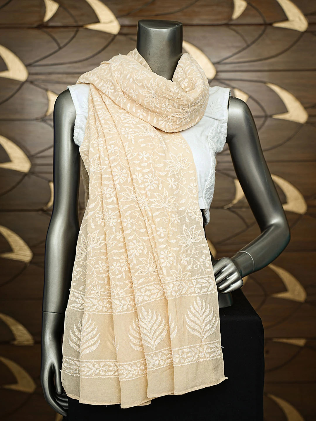 Ada Hand Embroidered Fawn Pure Georgette Lucknowi Chikankari Dupatta 01A727822