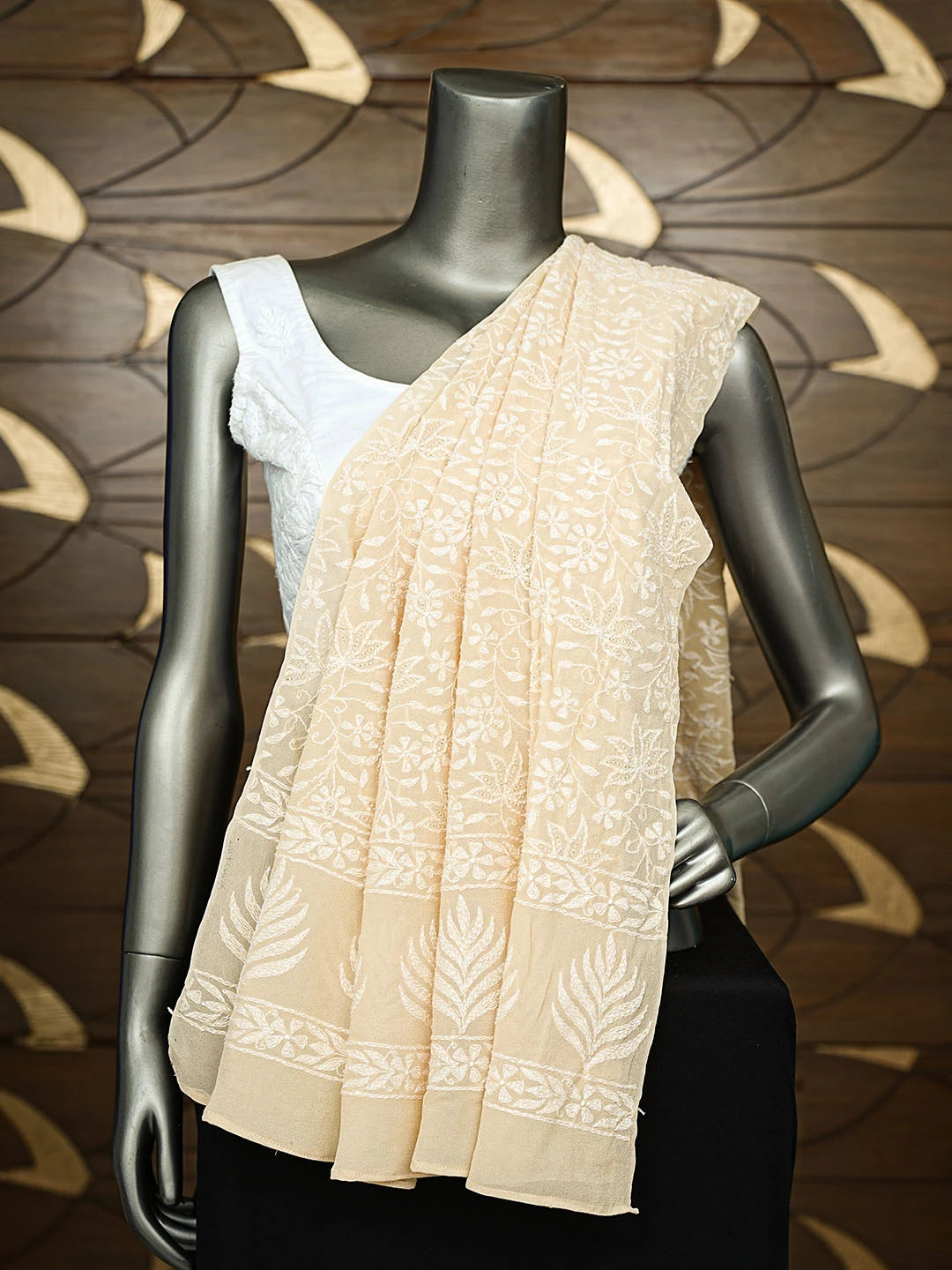 Ada Hand Embroidered Fawn Pure Georgette Lucknowi Chikankari Dupatta 01A727822