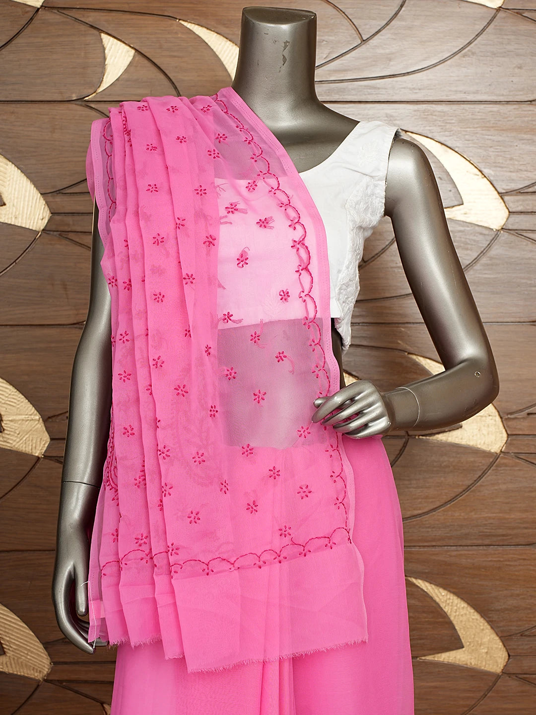 Ada Hand Embroidered Thulian Pink Georgette Lucknowi Chikankari Saree With Blouse 01A853733