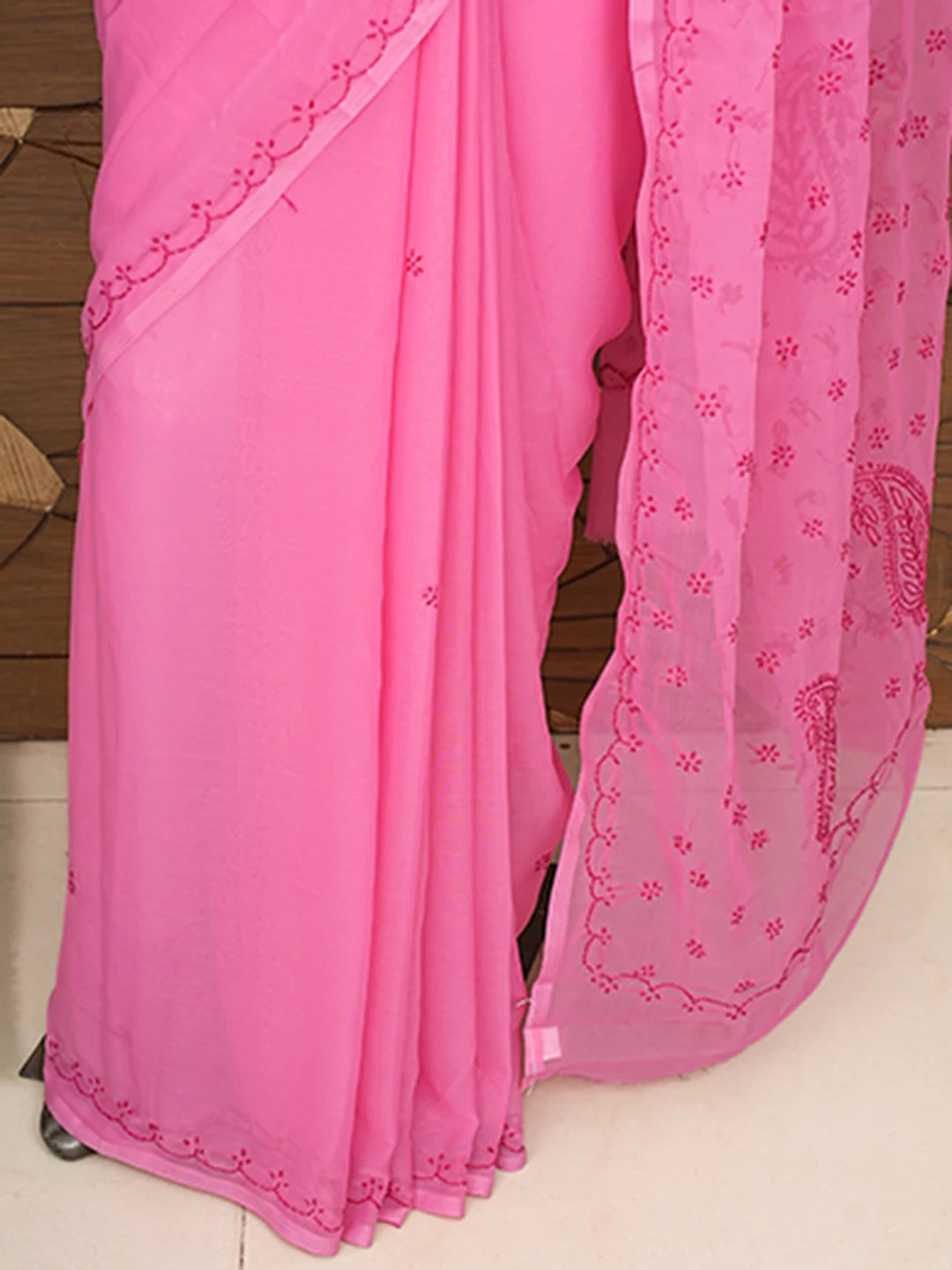 Ada Hand Embroidered Thulian Pink Georgette Lucknowi Chikankari Saree With Blouse 01A853733