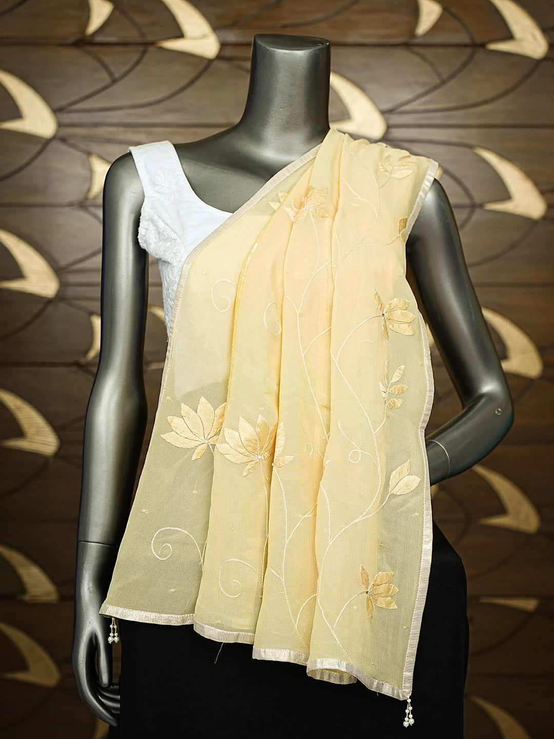 Ada Hand Embroidered Yellow Pure Georgette Lucknowi Chikankari Dupatta With Sequinned Work A102274